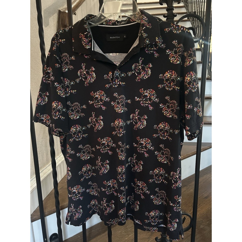 Men's XL Bugatchi Hendrix Skull Print Polo 100% Mercerized Cotton Colorful